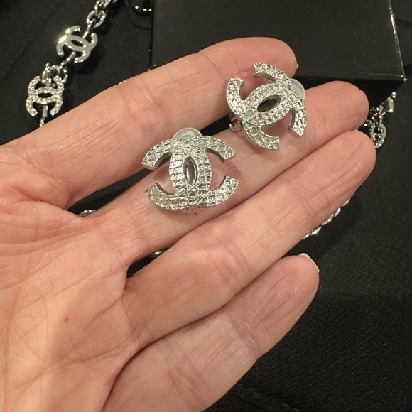 CHANEL Silver Logo Earrings